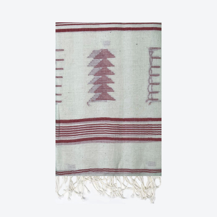 White Jamdani Cotton Stole with Pink Christmas Tree Shaped Motif