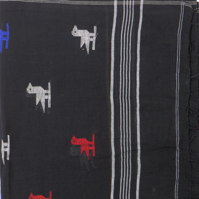 Black Jamdani Cotton Duppata with alternating Blue, Red and White Pakhi Motif