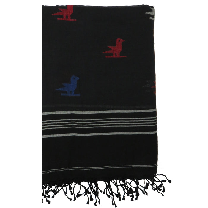 Black Jamdani Cotton Duppata with alternating Blue, Red and White Pakhi Motif