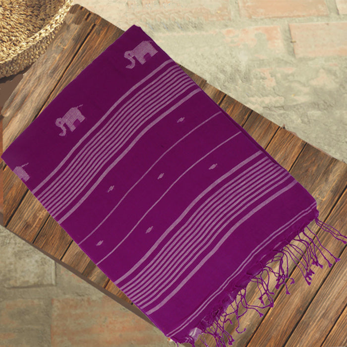 Purple Jamdani Cotton Saree with White Hati Motif