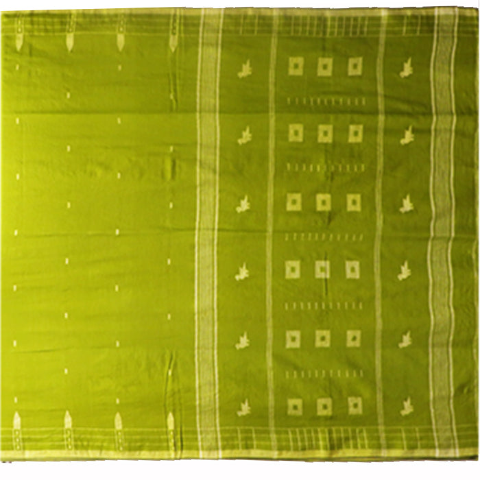 Sap Green Cotton Saree with white Charkona and Pakhi Motif