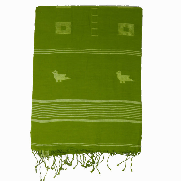 Sap Green Cotton Saree with white Charkona and Pakhi Motif