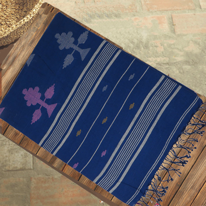 Oxford Blue Cotton Saree with White Gach motif