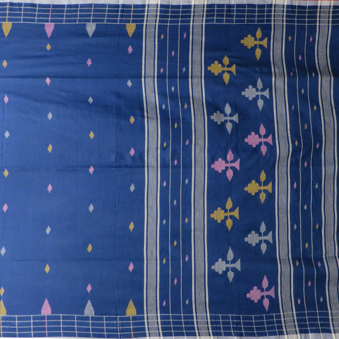 Oxford Blue Cotton Saree with White Gach motif