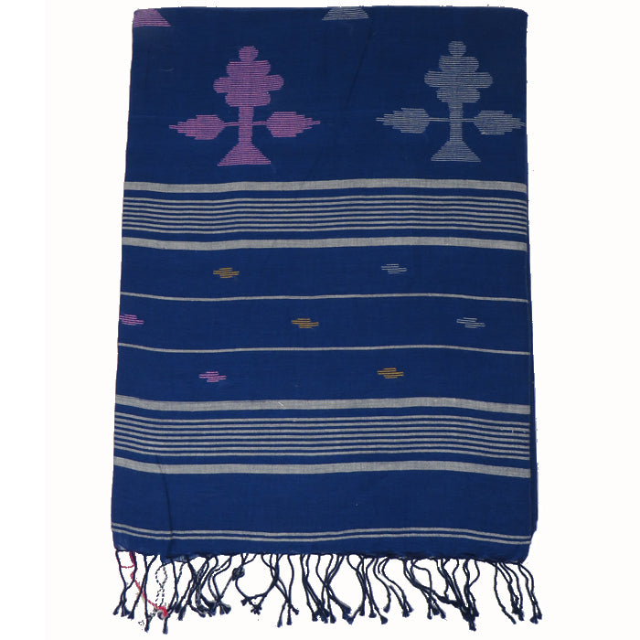 Oxford Blue Cotton Saree with White Gach motif