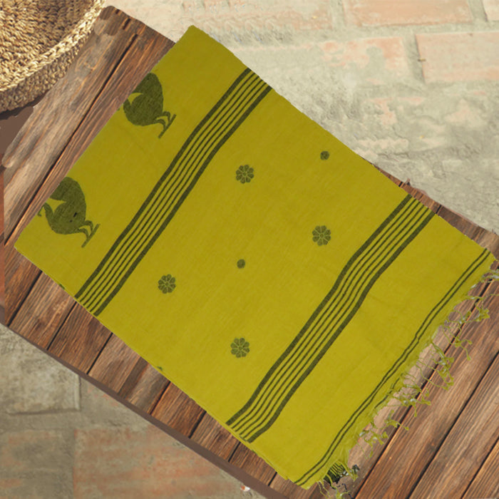 Mustard Yellow Cotton Saree with Black Mor motif in the Pallu