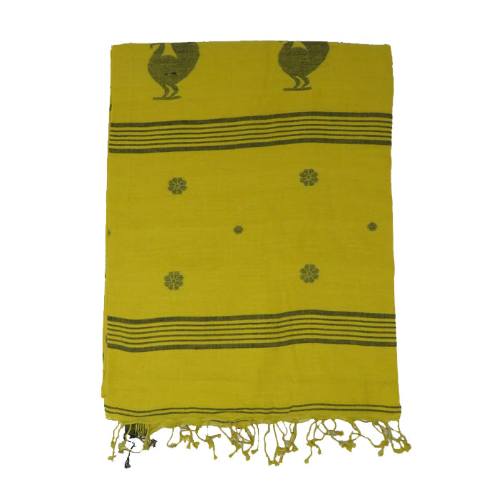 Mustard Yellow Cotton Saree with Black Mor motif in the Pallu