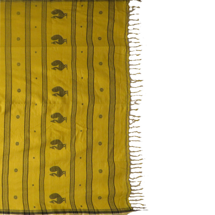 Mustard Yellow Cotton Saree with Black Mor motif in the Pallu