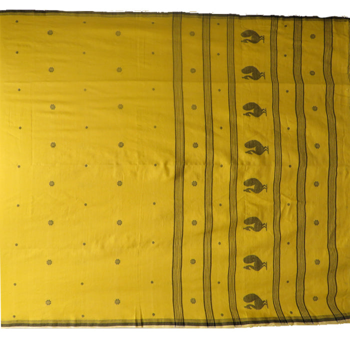 Mustard Yellow Cotton Saree with Black Mor motif in the Pallu