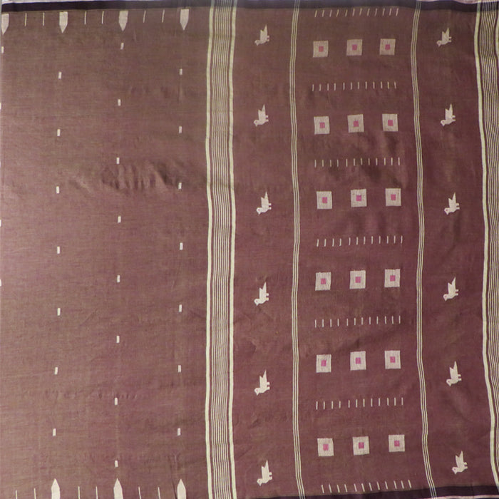 Wenge Cotton Saree with White Charkona and Pakhi Motif in the Pallu