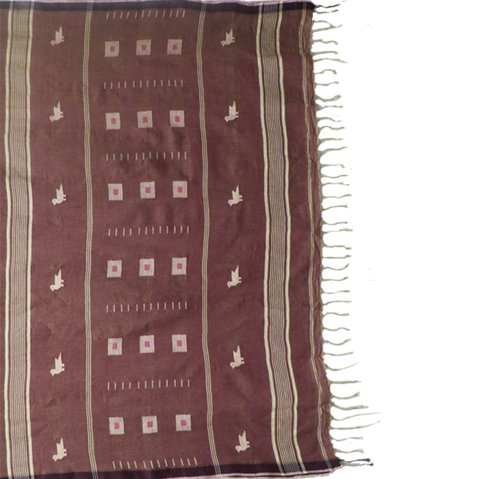 Wenge Cotton Saree with White Charkona and Pakhi Motif in the Pallu