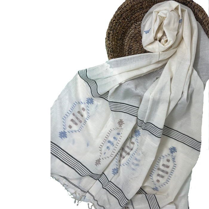 White Jamdani Dupatta with Blue and Grey Blade Motif