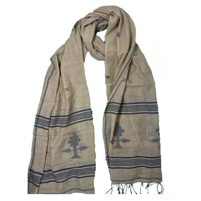 Dark Beige Jamdani Stole with Black Gach Tool Motif