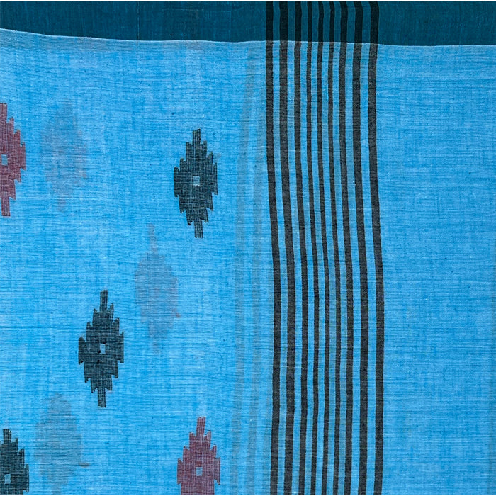 Blue Jamdani Cotton Dupatta with Alternating Black and Red Kekhra Motif