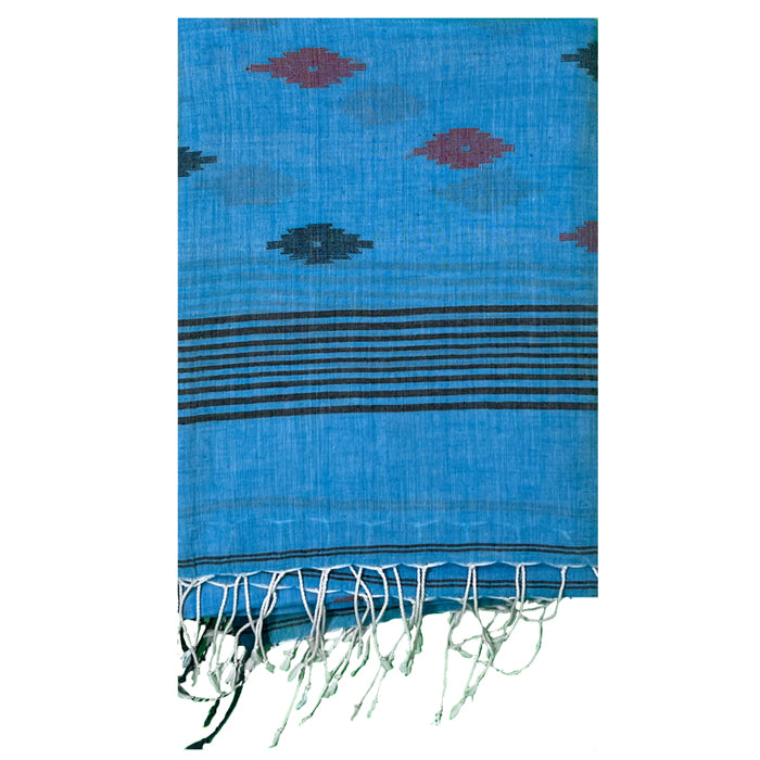 Blue Jamdani Cotton Dupatta with Alternating Black and Red Kekhra Motif