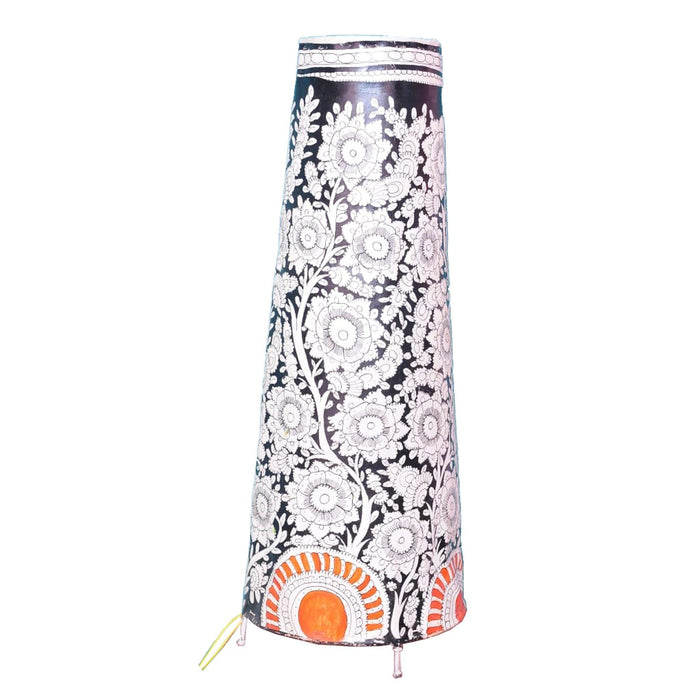 White and Black colored Hand painted Leather Lamp Shade with floral Motif, Hand Painted Lamp shade with floral motif, Table Lamp with floral motif, Hand painted Table lamp, home d̩cor, table d̩cor,  handicraft, handmade, tholu bomalatta, Nimmalakunta, 