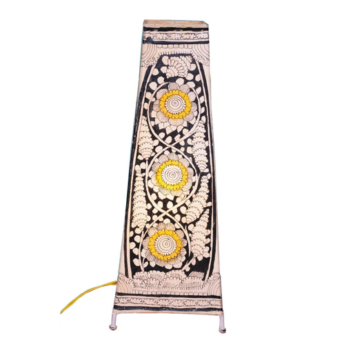 White, black and yellow colored Hand painted Leather Lamp Shade with floral Motif, Leather Lamp Shade, Lamp Shade with floral motif, Leather Table Lamp, Table Lamp with Floral Motif, home d̩cor, table d̩cor, handicraft, handmade, tholu bomalatta, Nimmalakunta,