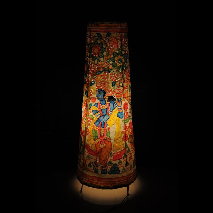 Multi colored Hand painted Leather Lamp Shade with Sri Krishna floral Motif, Hand painted Leather Lamp Shade, Lamp Shade with Sri Krishna Floral motif, Hand painted table lamp, home d̩cor, table d̩cor, handicraft, handmade, tholu bomalatta, Nimmalakunta, 