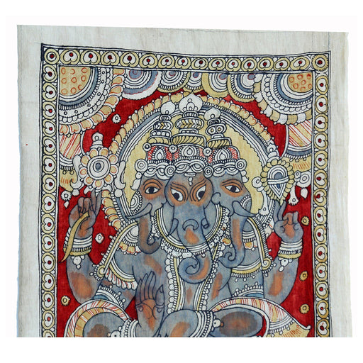 Handcrafted wall hanging, cotton fabric wall hanging, Kalamkari wall hanging, Andhra Pradesh Art, Three Mukhi Ganesha wall hanging, Three Mukhi Ganesha Kalamkari wall hanging,  historic Indian Art, handicraft, handmade, 