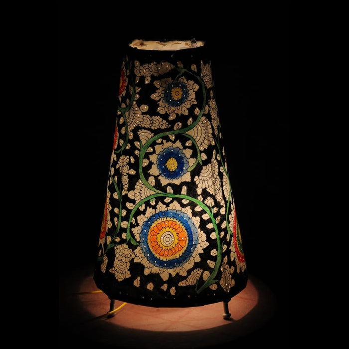 White and Black Hand-painted Leather Lampshade with Floral Motifs
