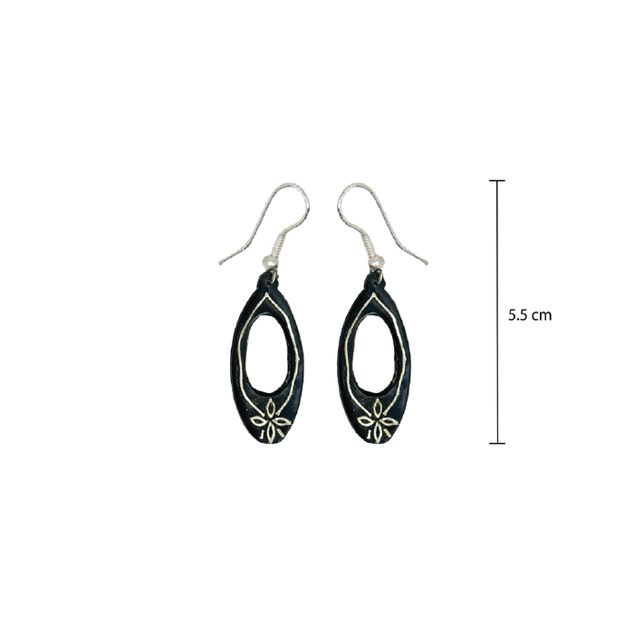 Bidriware Pure Silver Inlay Oval Earrings with Flower Motif