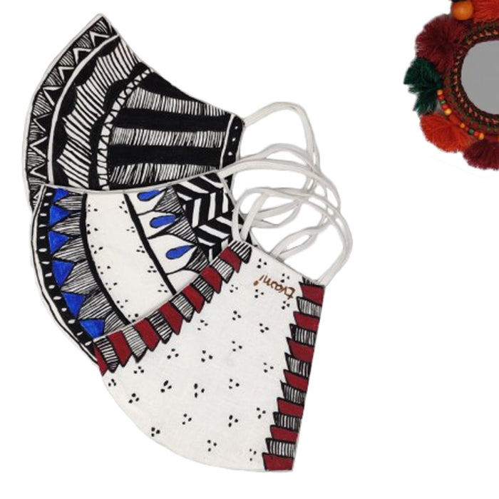 Set of 3 Double Layered Cotton Face Masks with Elegant Handpainted Colourful Madhubani Artworks