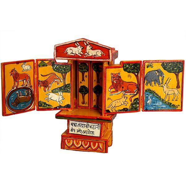 Kavad-craft, story box, table decor, lion motif, rabbit motif, handpainted craft, foldable craft, lion and rabbit story box, 