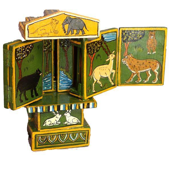 Kavad-craft, story box, table decor, lion motif, rabbit motif, handpainted craft, foldable craft, lion and rabbit story box, 