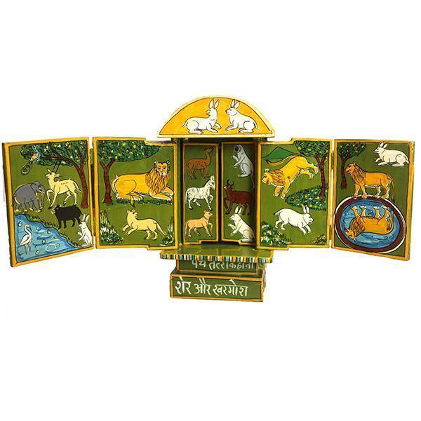 Kavad-craft, story box, table decor, lion motif, handpainted craft, foldable craft, rabbit motif,