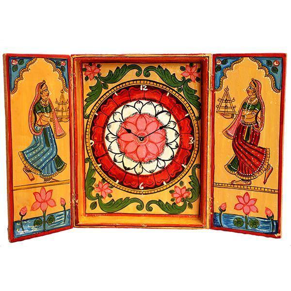Kavad-craft, table clock, clock, table decor, table motif, handpainted craft, foldable craft, female figure,