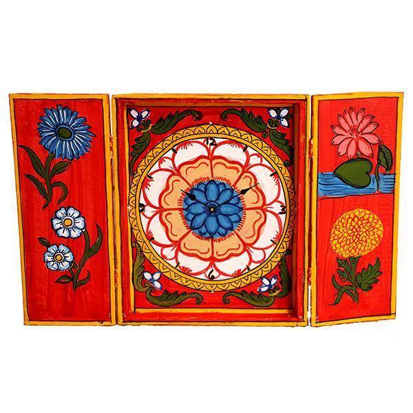 Kavad-craft, table clock, clock, table decor, table motif, handpainted craft, foldable craft, flower motif,