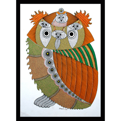 Gond Painting on Handmade Paper of Gughwa, Gond painting of Gughwa, Gond painting of owl, owl painting, folk art, tribal art, Handmade paper painting, d Indian Craft, handicraft, handmade, home decor, Madhya Pradesh art, ullu painting,