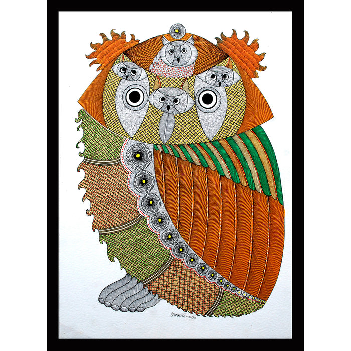 Gond Painting on Handmade Paper of Gughwa, Gond painting of Gughwa, Gond painting of owl, owl painting, folk art, tribal art, Handmade paper painting, d Indian Craft, handicraft, handmade, home decor, Madhya Pradesh art, ullu painting,