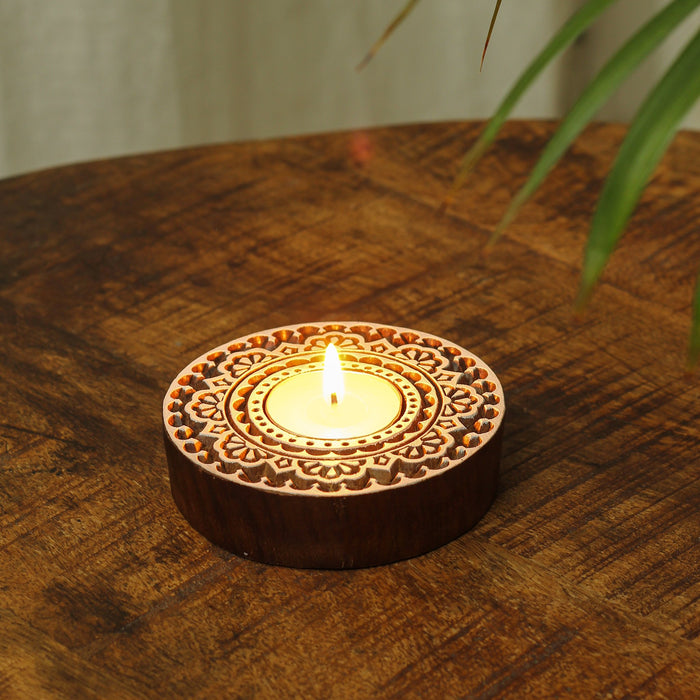 Shahi Mandala, Hand Carved Sheesham Wood Tea Light Holder