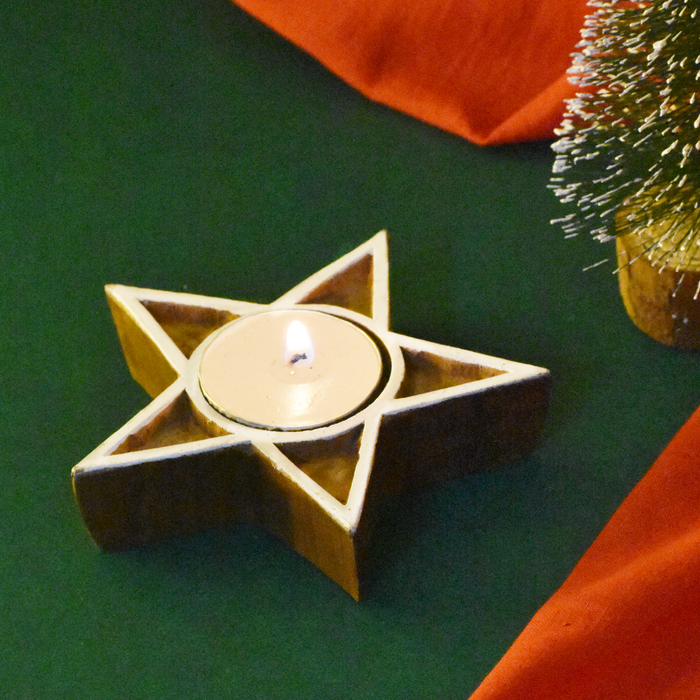 Hand Carved Christmas Star T-light Holder