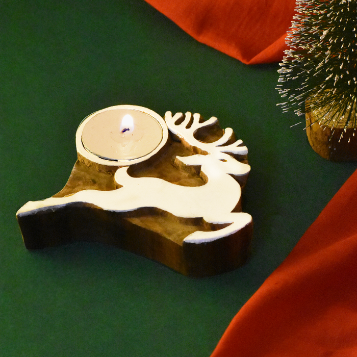 Hand Carved Christmas Reindeer Wooden T-light holder