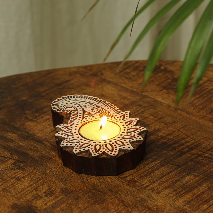 Amrit, Hand Carved Sheesham Wood Tea Light Holder
