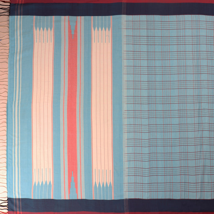 Sky Blue Cotton Ilkal Saree with Navy Blue and Red Border