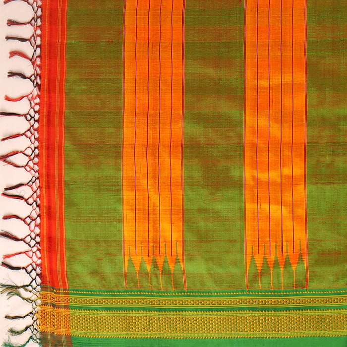 Black, Rust Red and Green Cotton-Silk Ilkal Saree with Chikki Paras Border