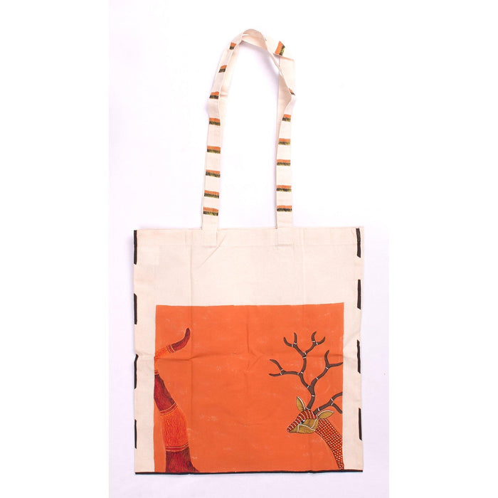 Orange Gond Painting of Hiran on Canvas Bag, Gond Painting on Canvas bag, Hiran painting, folk art, tribal art, Canvas bag painting, Deer painting,  handicraft, handmade, home decor, Madhya Pradesh art,