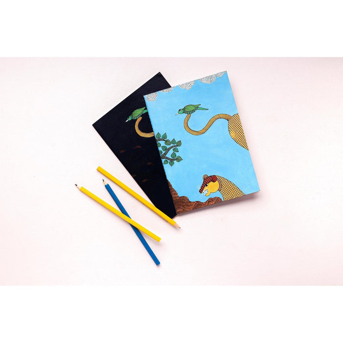 Notebook with Hand-painted Gond Artwork of Tiger and Bird on Cover