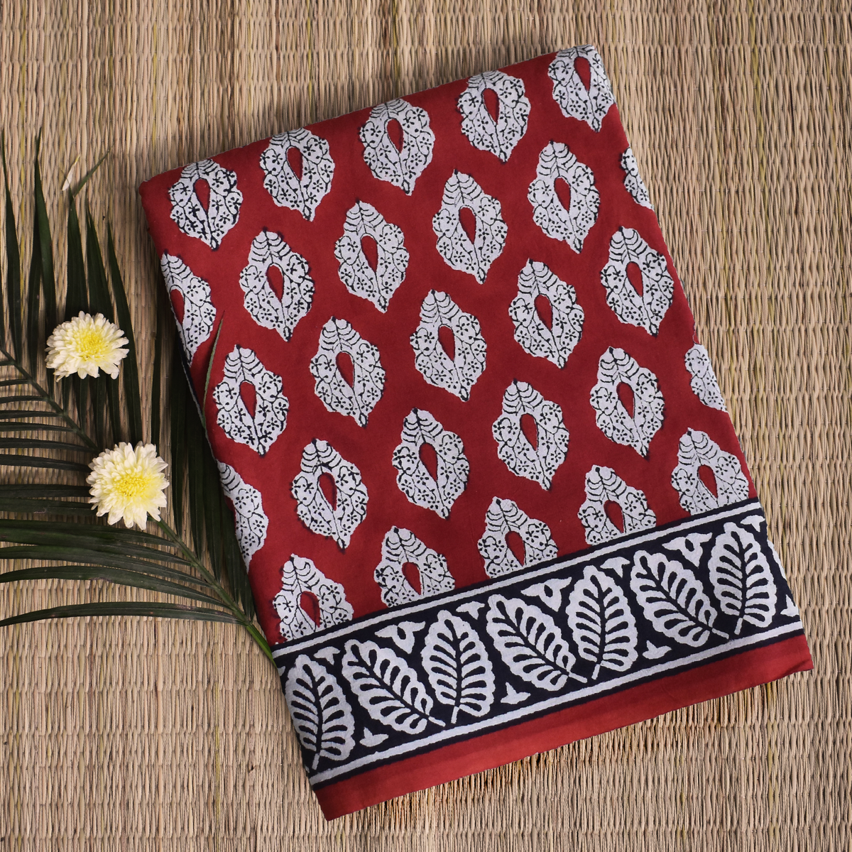 Red Block Print Mulmul Saree with Large Motifs — TVAMI