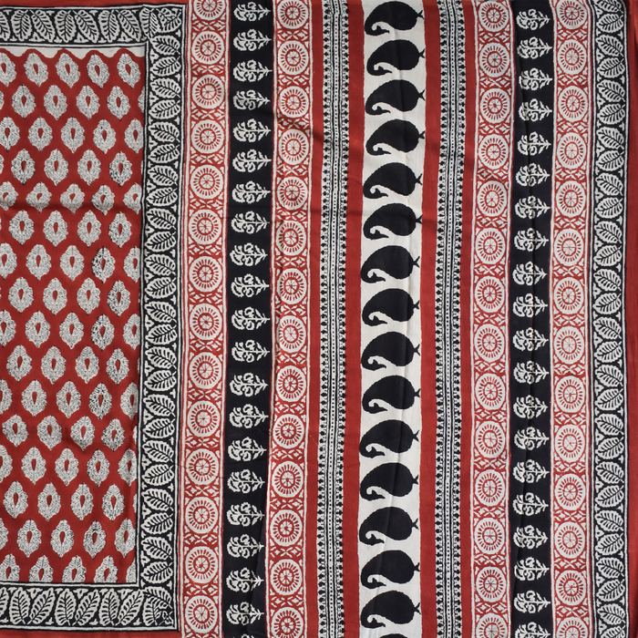 Red Block Print Mulmul Saree with Large Motifs