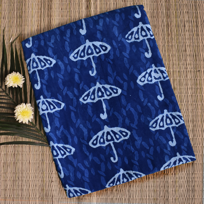 Indigo Block Print Mulmul Saree with Umbrella Motifs
