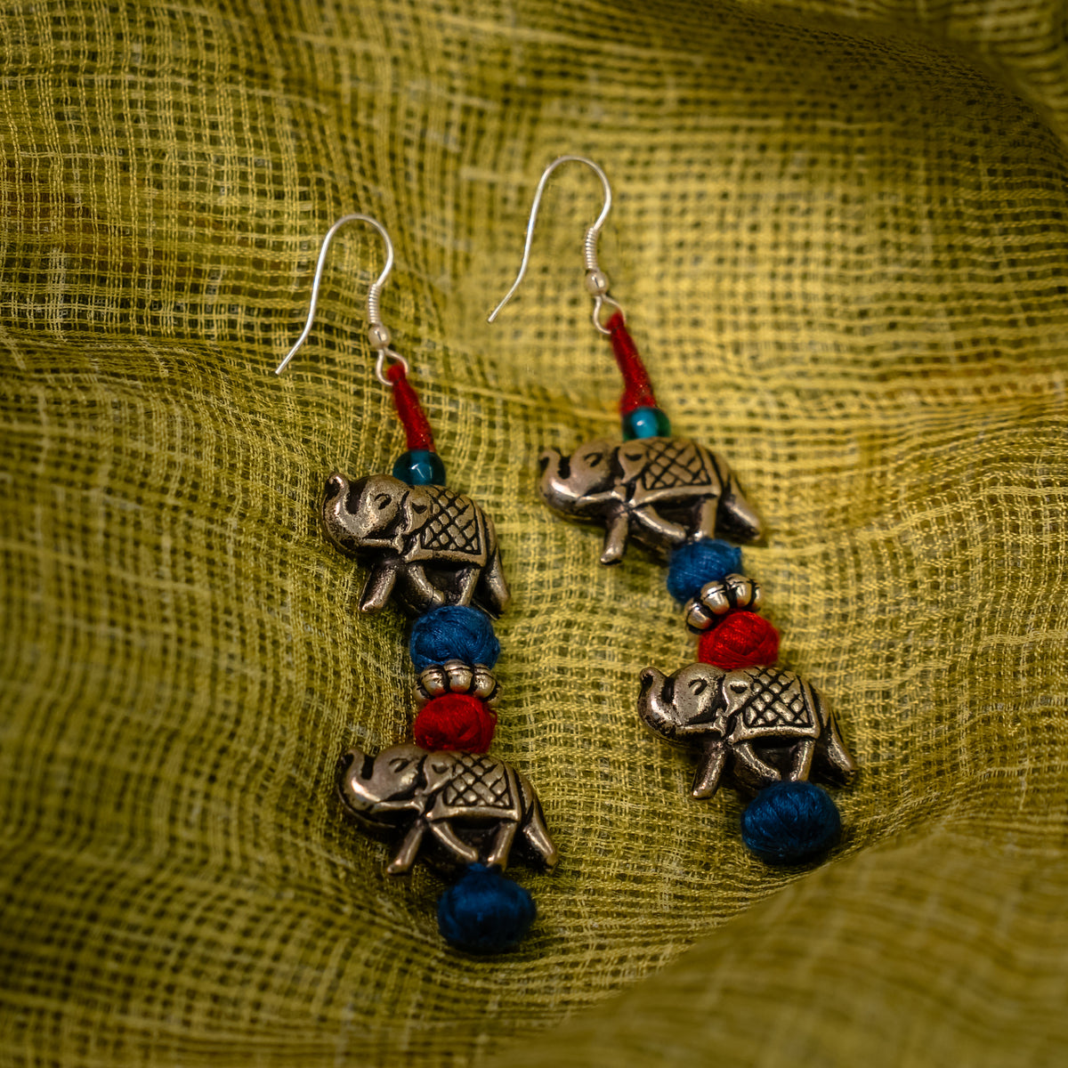 Handcrafted Patwa Earrings with Elephant Shaped Oxidised Silver ...
