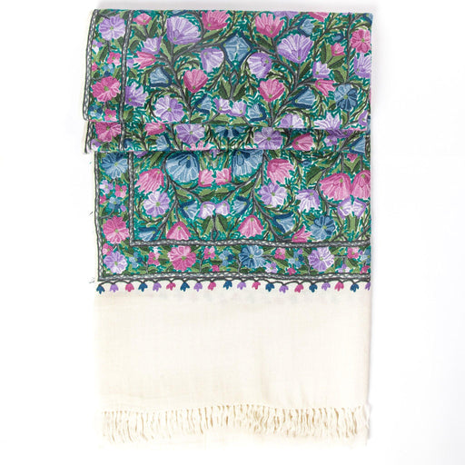 Pure Wool White Kashmiri Shawl with Floral Aari Handiwork, white Kashmiri Shawl, Kashmiri Shawl, Kashmiri shawl with Floral Aari handiwork, Aari Embroidery, Kashmiri Embroidery, handicraft, handmade, home decor, eco-friendly, sustainable, flower motif,