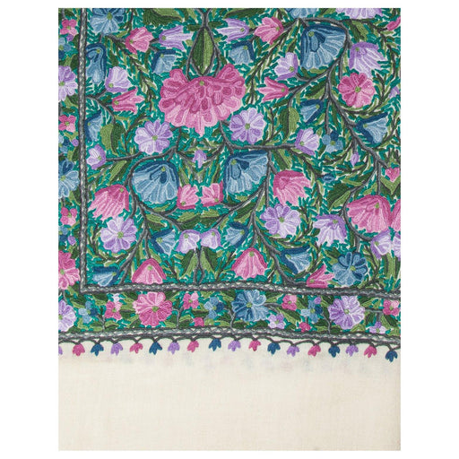 Pure Wool White Kashmiri Shawl with Floral Aari Handiwork, white Kashmiri Shawl, Kashmiri Shawl, Kashmiri shawl with Floral Aari handiwork, Aari Embroidery, Kashmiri Embroidery, handicraft, handmade, home decor, eco-friendly, sustainable, flower motif,