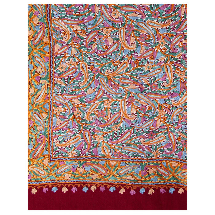 Pure Wool Maroon Kashmiri Shawl with Intricate Aari Handiwork, Maroon Kashmiri Shawl, Kashmiri Shawl, Kashmiri shawl with Aari handiwork, Aari Embroidery, Kashmiri Embroidery, handicraft, handmade, home decor, eco-friendly, sustainable, 