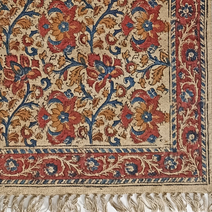 Cream and Red Kalamkari Dhurrie with Block Printed Floral Scroll Pattern