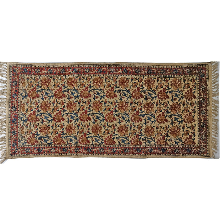 Cream and Red Kalamkari Dhurrie with Block Printed Floral Scroll Pattern